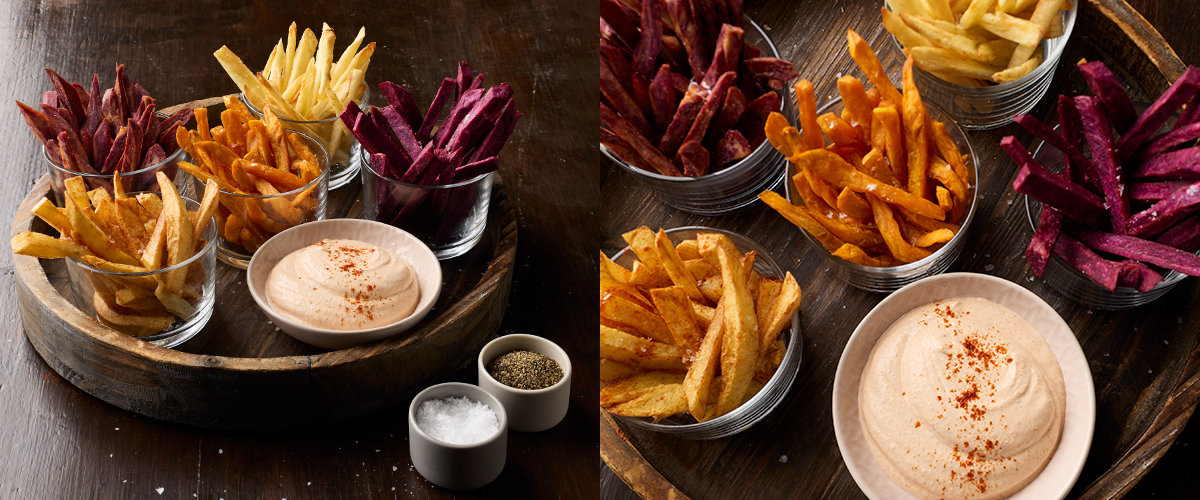 Hausgemachte Pommes frites mit würzigem Joghurt-Dip