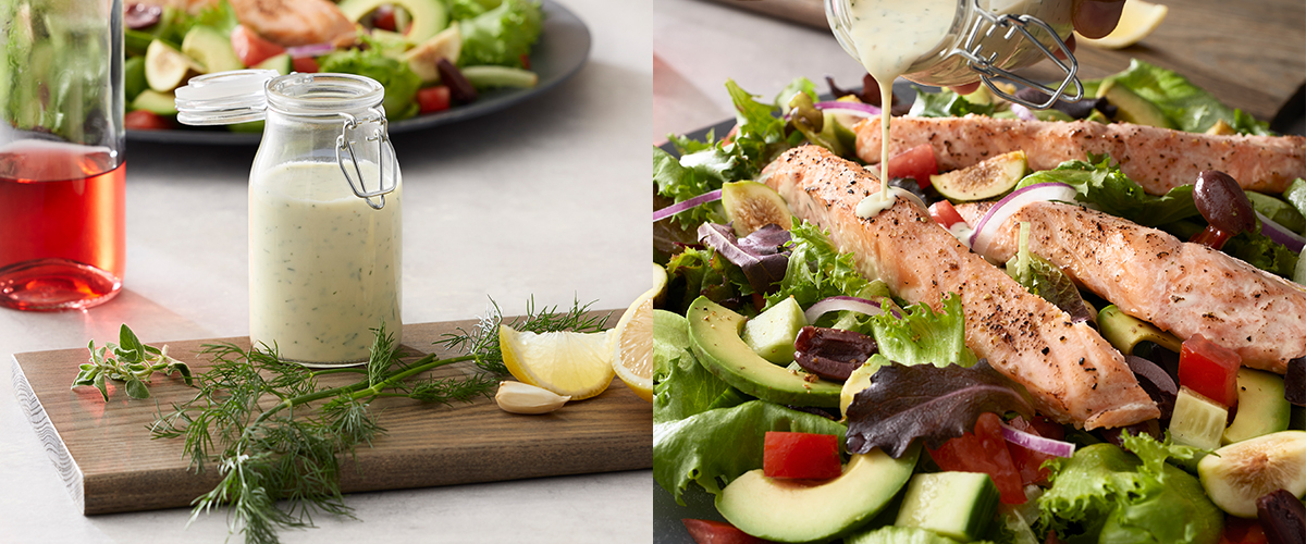 Mediterraner Lachs-Salat mit griechischem Joghurt-Dressing