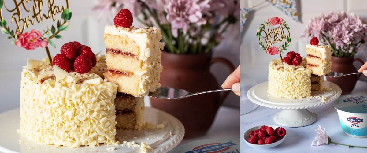 Geburtstagstorte mit weißer Schokolade und Himbeeren